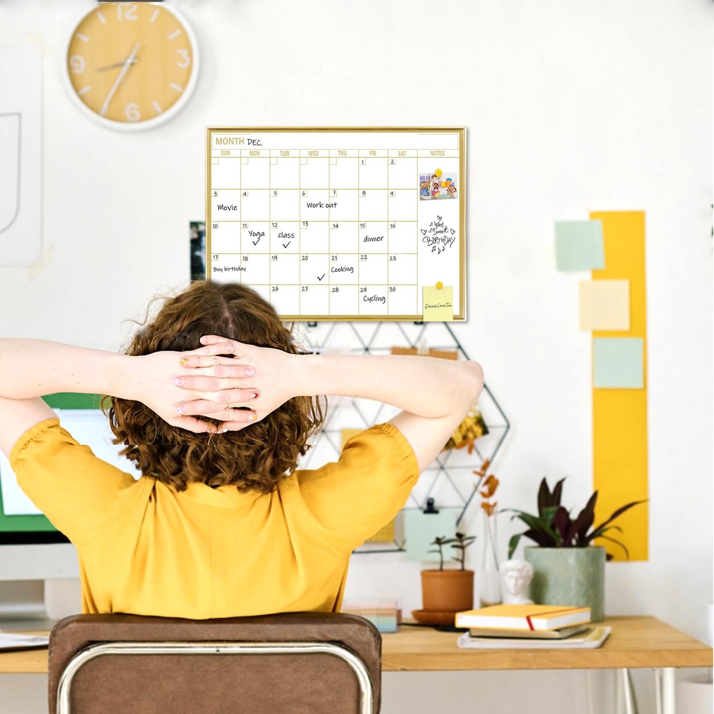 Marribol Golden Monthly Dry Erase Calendar Whiteboard for wall-16"X12" Portable Aluminum Frame,Magnetic Calendar White Board,Wall Planner Dry Erase Board for Office, Kitchen, School, Home-GG