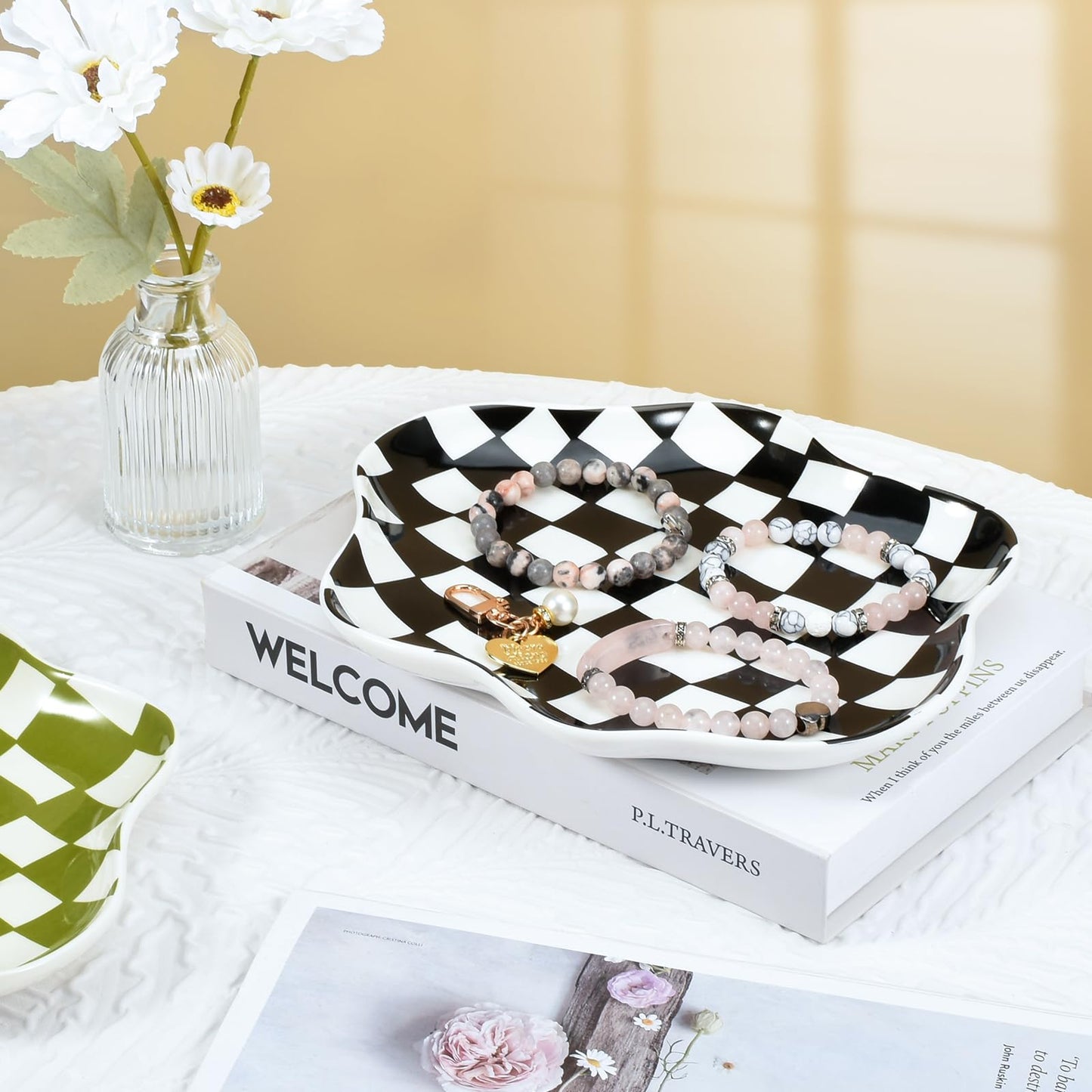 Koythin Jewelry Tray, Ceramic Jewelry Dish Trinket Tray Organizer, Checkered Pattern Aesthetic Decorative for Kitchen, Bathroom (Black and White Checkerboard)