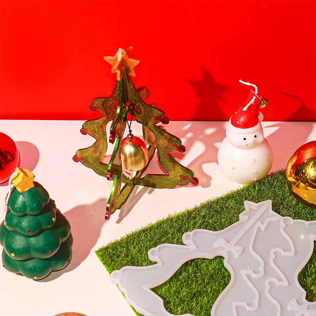Voyyphixa 3D Christmas Tree Resin Mold with Bells Splicing Tree with Topper Star Silicone Molds for Epoxy Resin Xmas Ornaments Art Resin Casting Mold DIY Home Decoration Pendant Crafts Gift