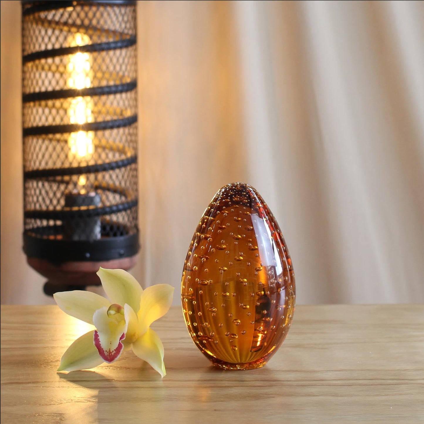 Ca D Oro Big Egg Glass Paperweight Amber with Bubbles Hand Blown Murano-Style Art Glass for Desk, Decor and Collections