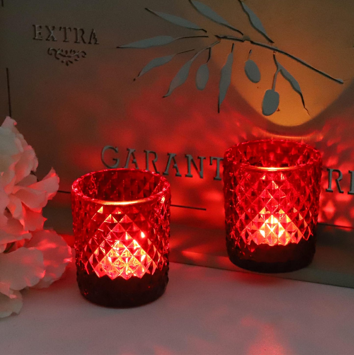 Woho Red Votive Candle Holders Bulk Set of 12, Glass Tea Lights Candle Holder for Wedding Table Centerpiece, Studded Diamond Tealight Candle Holder for Christmas Party Holiday Home Decor