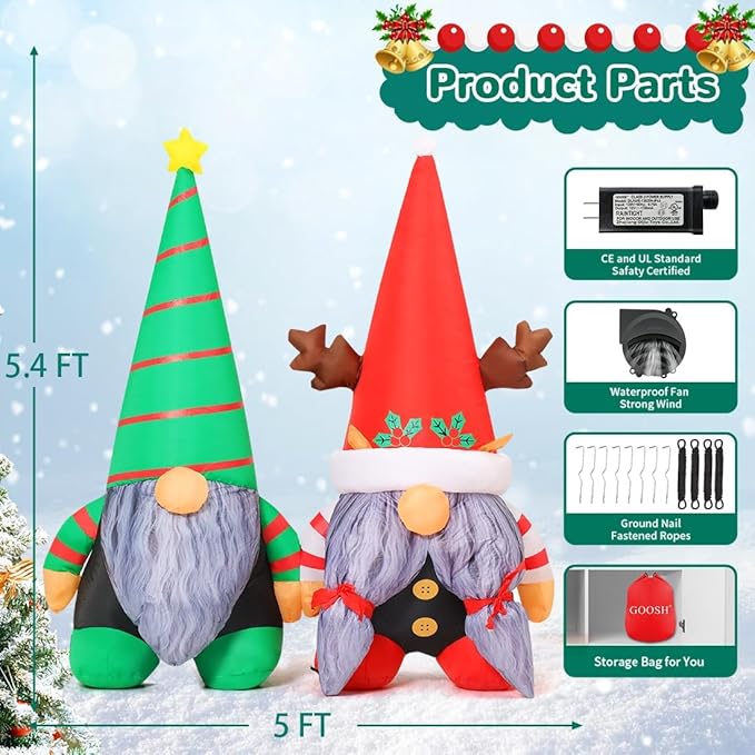 GOOSH 5.4 FT Christmas Inflatables Gnome Outdoor Decoration Blow Up Yard with Built-in LEDs for Garden Lawn Indoor Party Decor