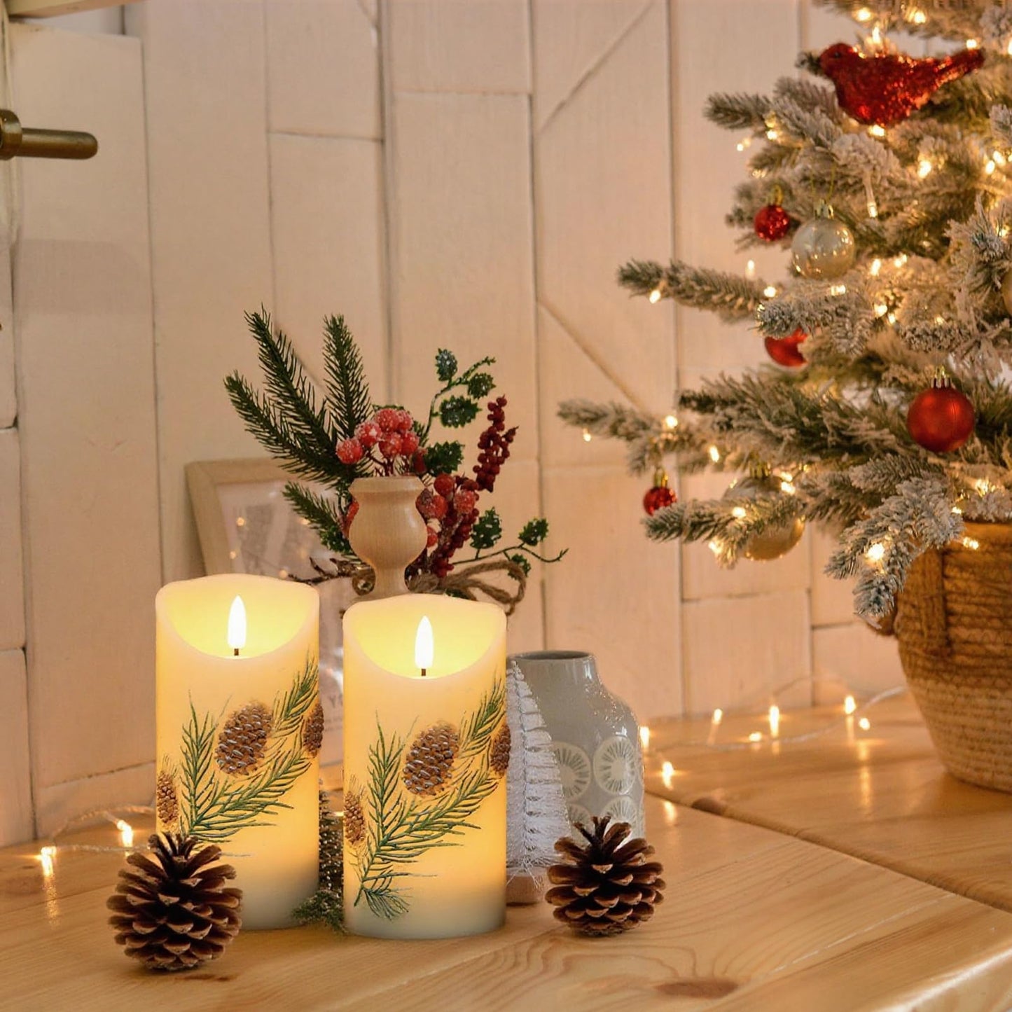DRomance Pinecone Flameless Flickering Candles Battery Operated with 6H Timer 3D Wick LED Pillar Candles Real Wax Hand-Painted Dinner Holiday Christmas Indoor Decoration(2 Pack, 3" D x 5.7" H)