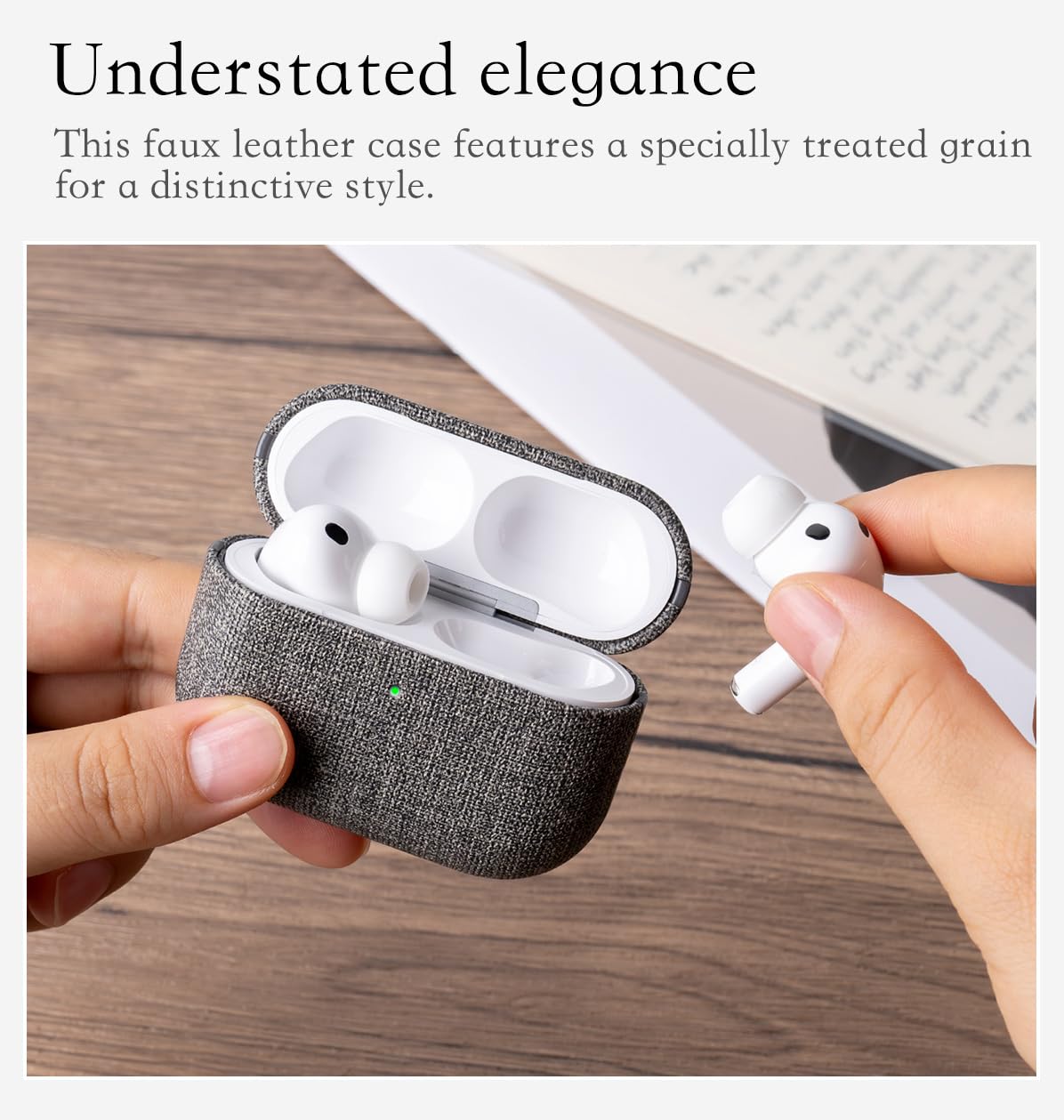 HanFab Artisan Hand-Wrapped Vegan Leather Case for AirPods Pro 2 | Canvas Finish Synthetic Leather | Microfiber-Lined Scratch Protection | Hard Shell Case for AirPods Pro 2nd Generation - Gray