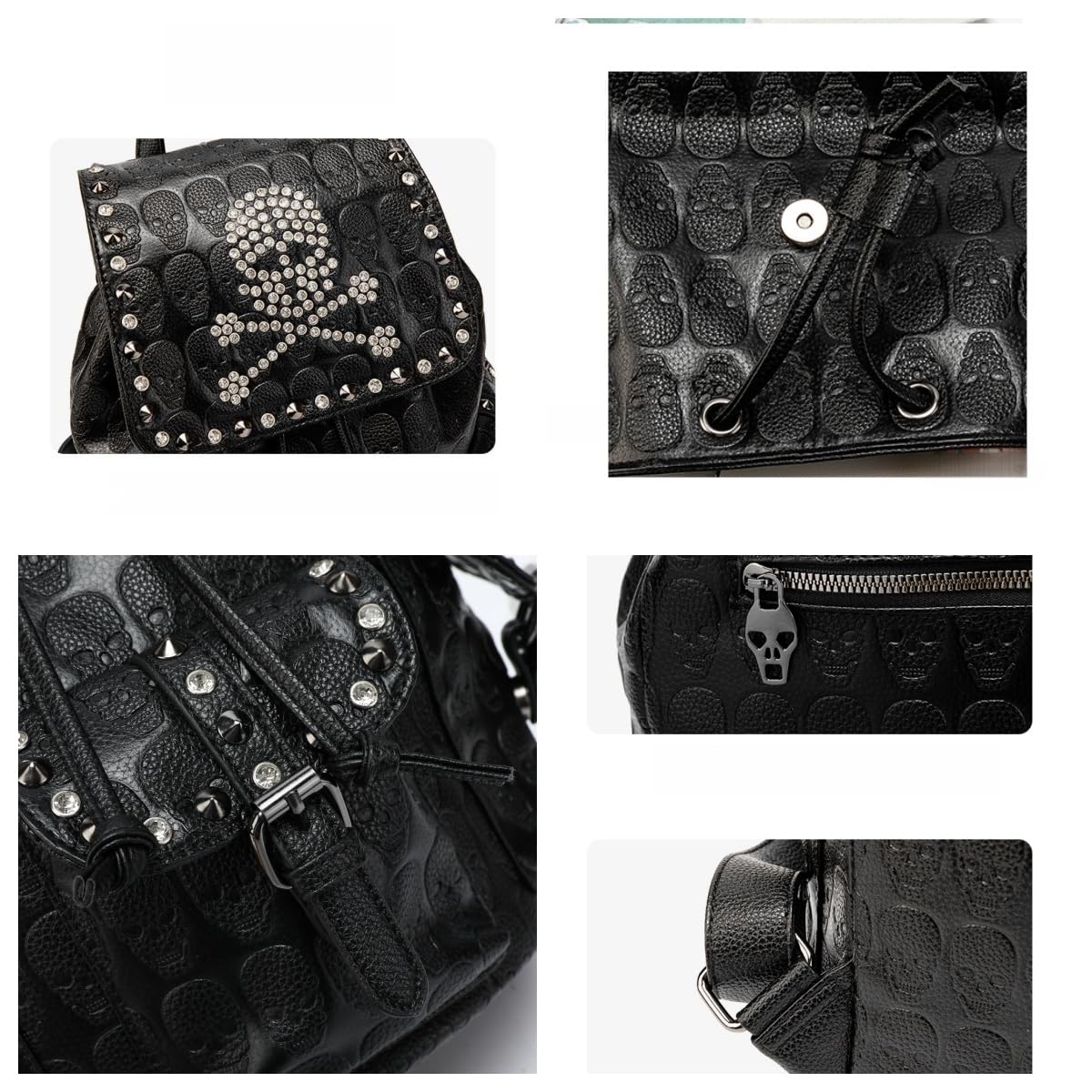 SandraWang Gothic Skull Studded Backpack for Women & Men, Structured PU Leather Punk Bookbag with Drawstring Flap, A4 & Tablet Friendly Alternative Fashion Design
