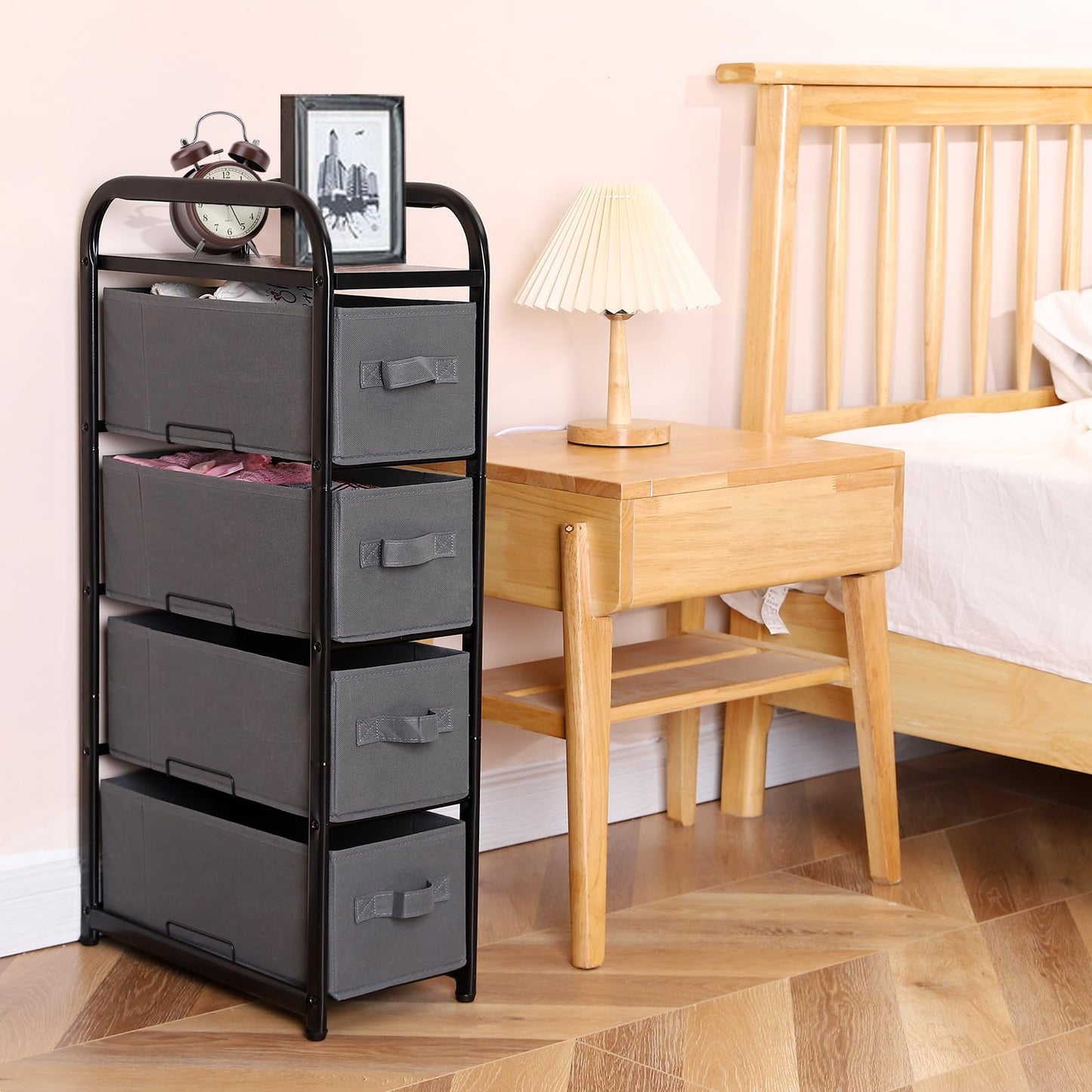 MAX Houser 4 Drawer Narrow Dresser Fabric Storage Tower Vertical Slim Storage Chest Organizer Nightstand Side/End Table Small Standing Organizer Removable Drawers Wood Top for Bedroom, Bathroom(Grey