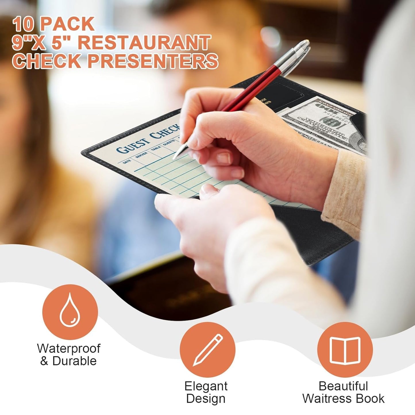 FLKQC Leather Restaurant Check Presenters, 10 Pack 9" x 5" Guest Check Card Holder with Gold Thank You Imprint for Severs, Bill Book Restaurant Supplies for Restaurants, Bar and Cafe (10, Black)