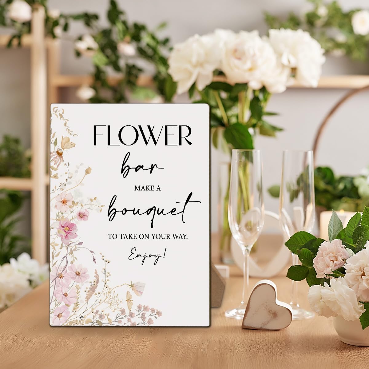 Floral Bloom Bar Sign Wedding Welcome Sign, Bridal Shower Wedding Engagement Bachelorette Party Desk Decorations, 8x11 Inch Wooden Sign with Stand-02
