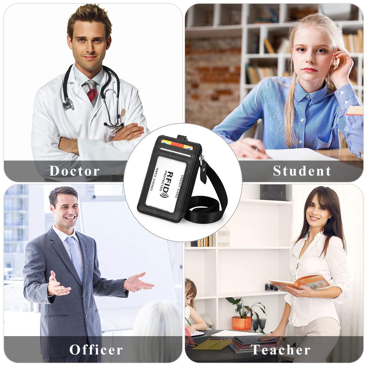 HAWEE Badge Holder with Zipper Genuine Leather RFID Keychain Wallet Neck Lanyards with Swivel Hook for Card/Coin/Cash, Black