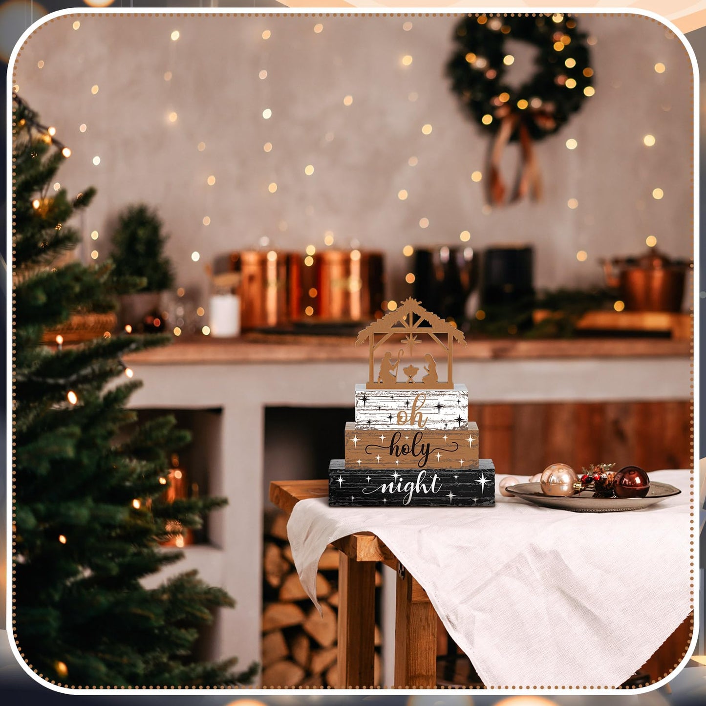 Geelin 4 Pieces Christmas Nativity Scene Table Decorations Xmas Wooden Silent Night Block Signs Holy Night Tabletop Centerpieces Farmhouse Tiered Tray Decor for Home Table Kitchen Shelf