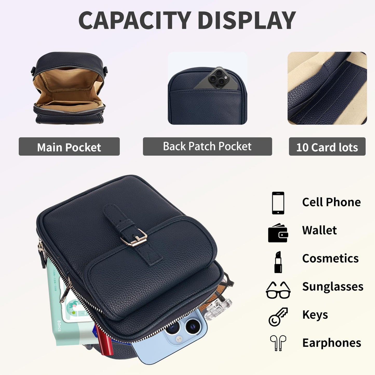 Crossbody Leather Bag,Double Layer Large Capacity Messenger Bagfor Women,Retro Faux Leather Built in Anti Theft Bag(Navy)