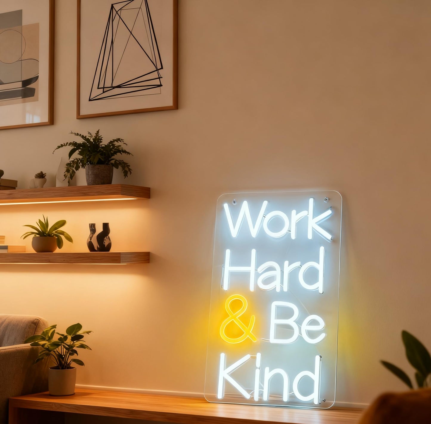 Work Hard Be Kind Neon Sign, Inspirational Quote Light Up Sign, Office Home Bedroom Living Room Workspace Gift Wall Table Decor USB Powered Dimmable LED Neon Light 16.1 x 9.4 In