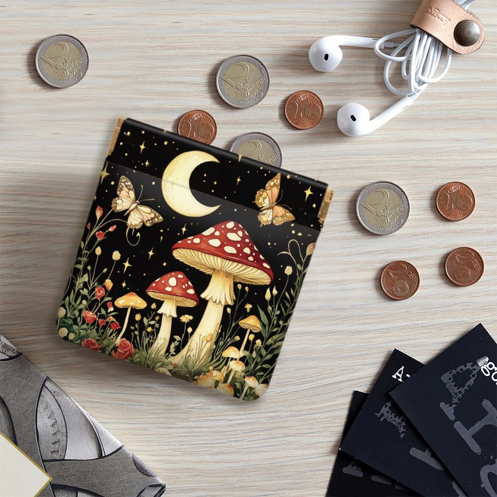 Peacoblue 4Pcs Small Leather Squeeze Coin Purse for Women-Night Sky And Mushrooms Pattern Waterproof & Durable Snap Closure Change Pouch Mini Money Wallet Bag for Adult Teen Girls Best Gift