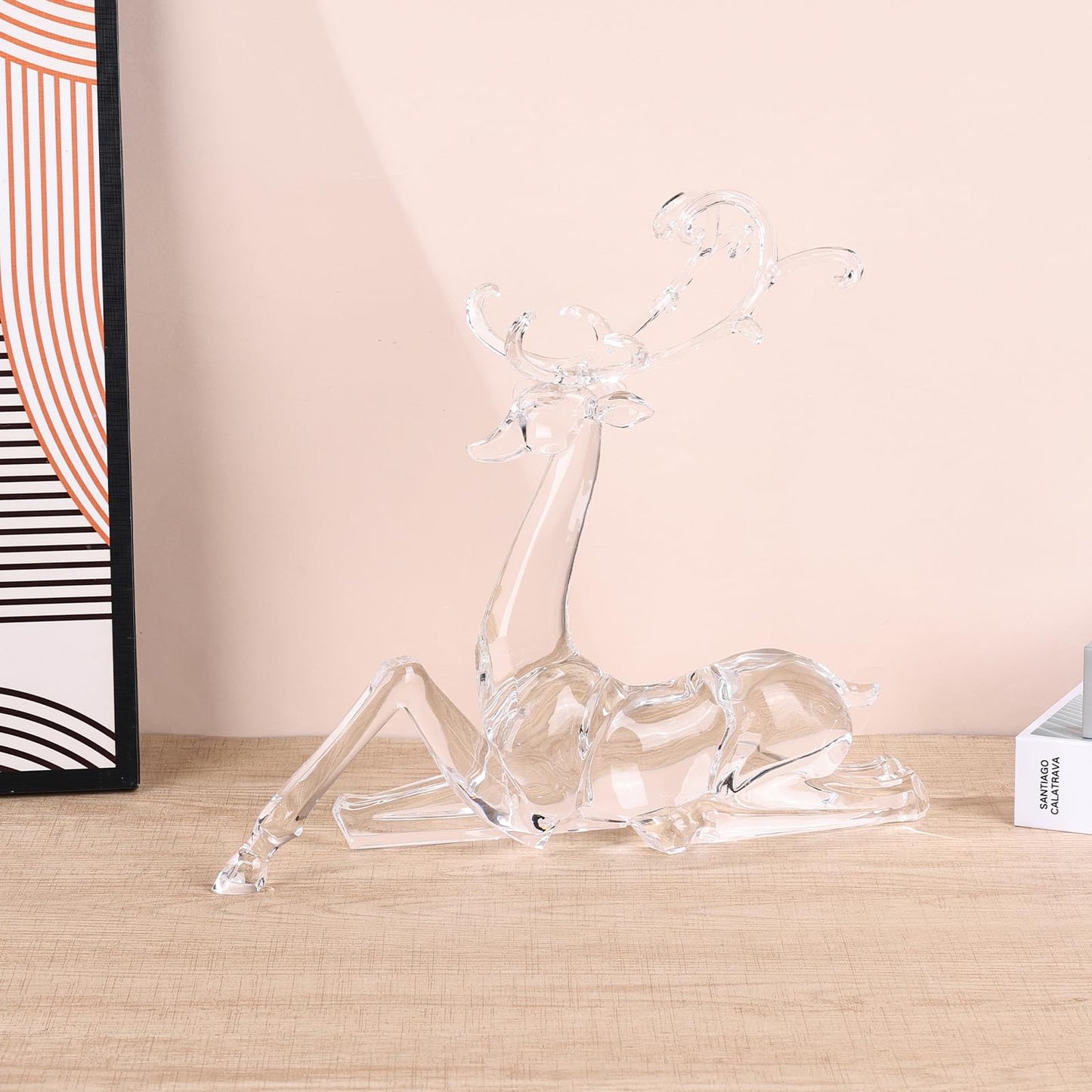 11" Tall Acrylic Christmas Reindeer Figurine - Elegant Clear Large Reindeer Ornaments for Christmas Indoor Decor, Holiday Centerpiece, Living Room, Fireplace, Table Display (Clear Sitting Reindeer)
