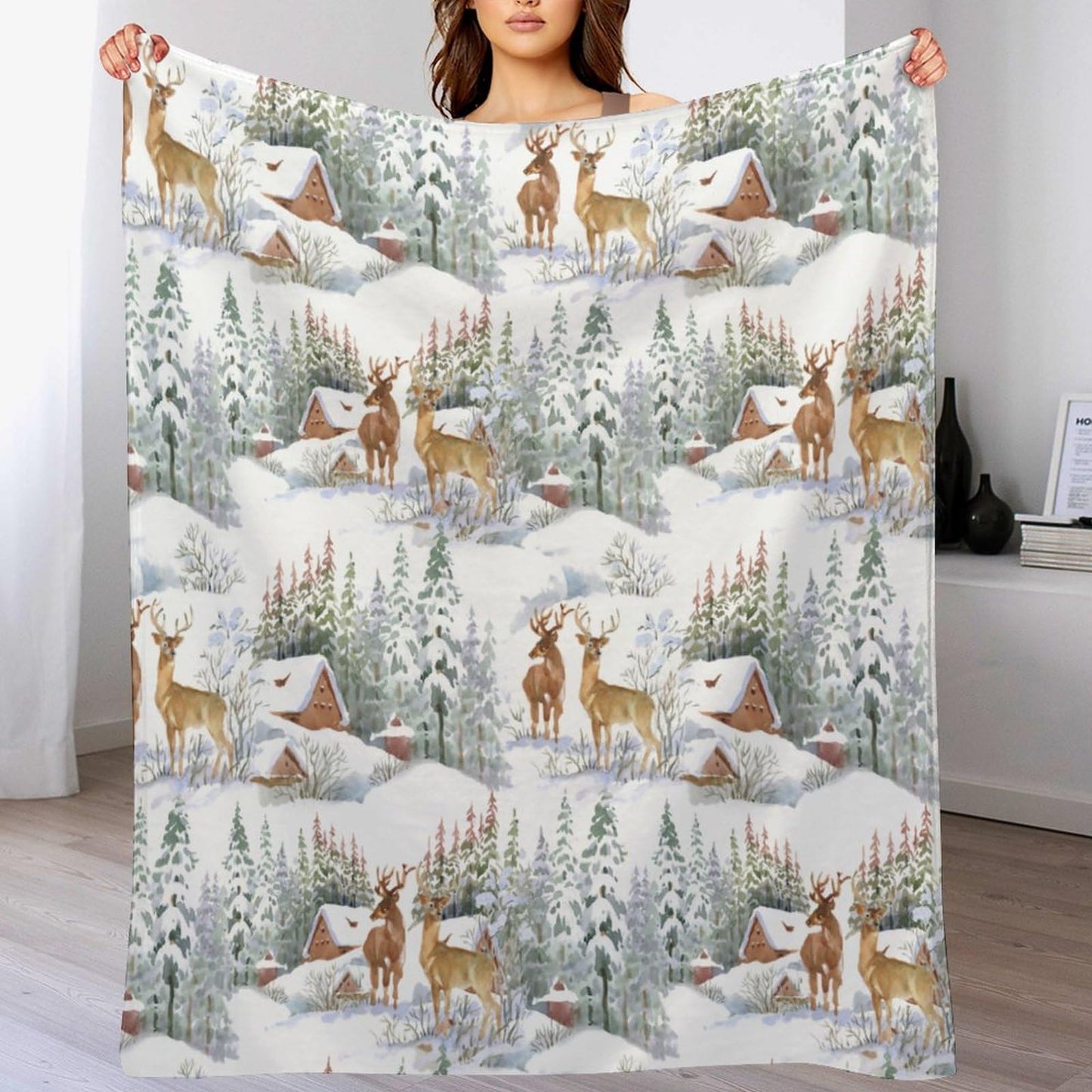 Deer Blanket Watercolor Wild Animal Snow Forest Rustic Farmhouse Winter Cabin Soft Cozy Lightweight Throw Blanket for Bedroom Living Room Dorm Chair Sofa Travel 40x50in