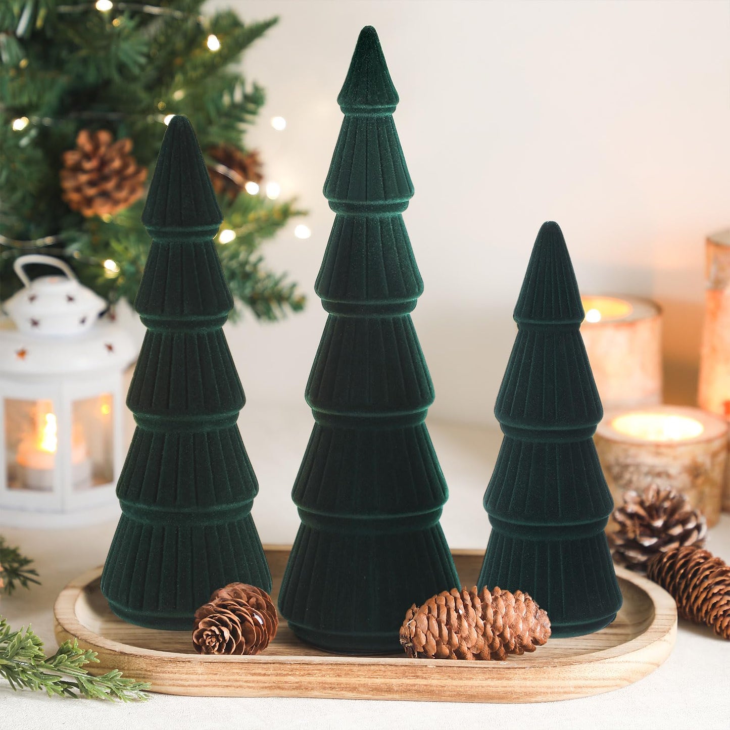 Bucherry 3 PCS Velvet Christmas Tree Figurines Decoration - 8" 10" 14" Modern Cone Christmas Tabletop Home Rustic Centerpiece Set for Winter Holiday Mantel Entryway Party Decor(Green)