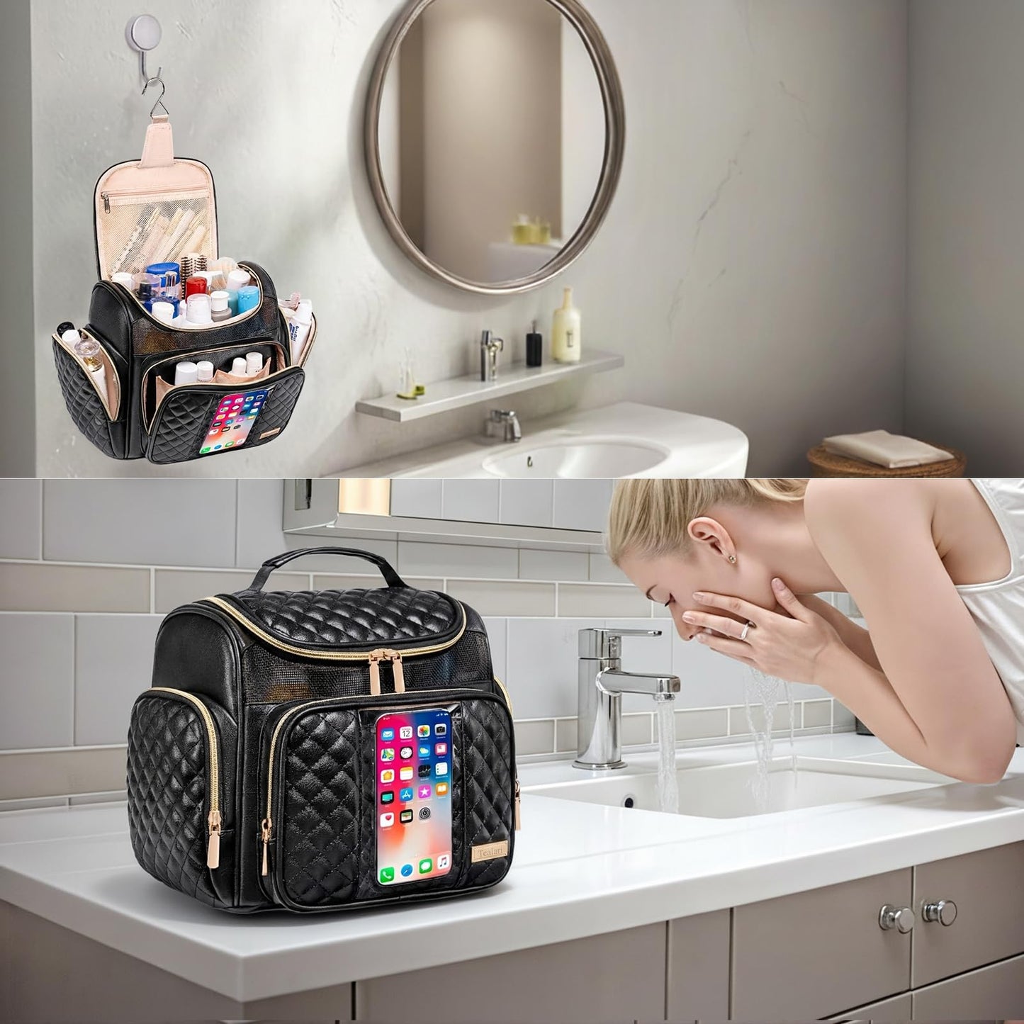 Large Leather Toiletry Bag for Women Men,Bathroom Bag,Water Resistant Shower Bag,Makeup Bag,Portable Shower Caddy for College Dorm,Hanging Travel Toiletry Bag with Transparent Waterproof Phone Pocket