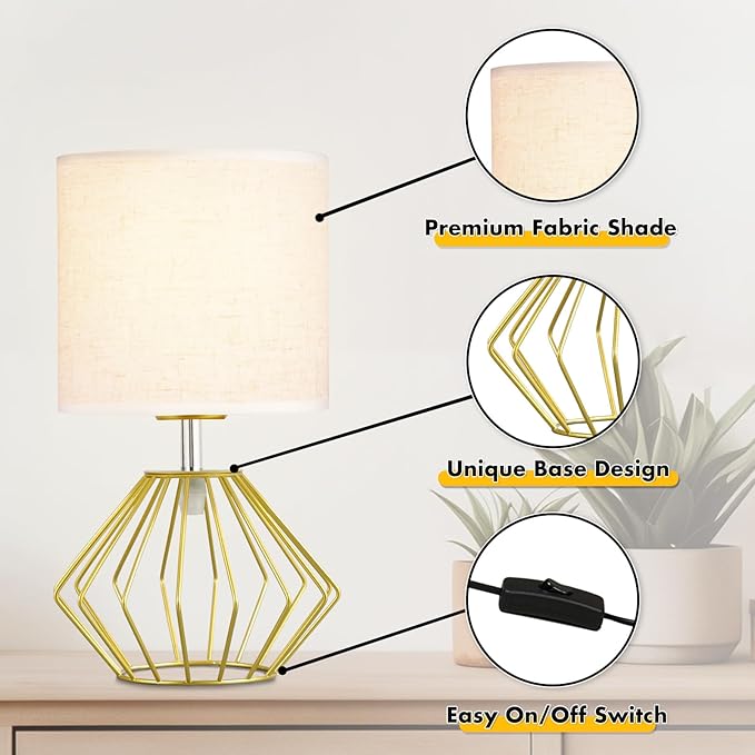 Hamilyeah Table Lamps Set of 2, Gold Bedside Lamps with On/Off Switch, Industrial Night Stand Lamps with Linen Beige Fabric Shade, Simple Modern Lamp for Bedroom, Living Room