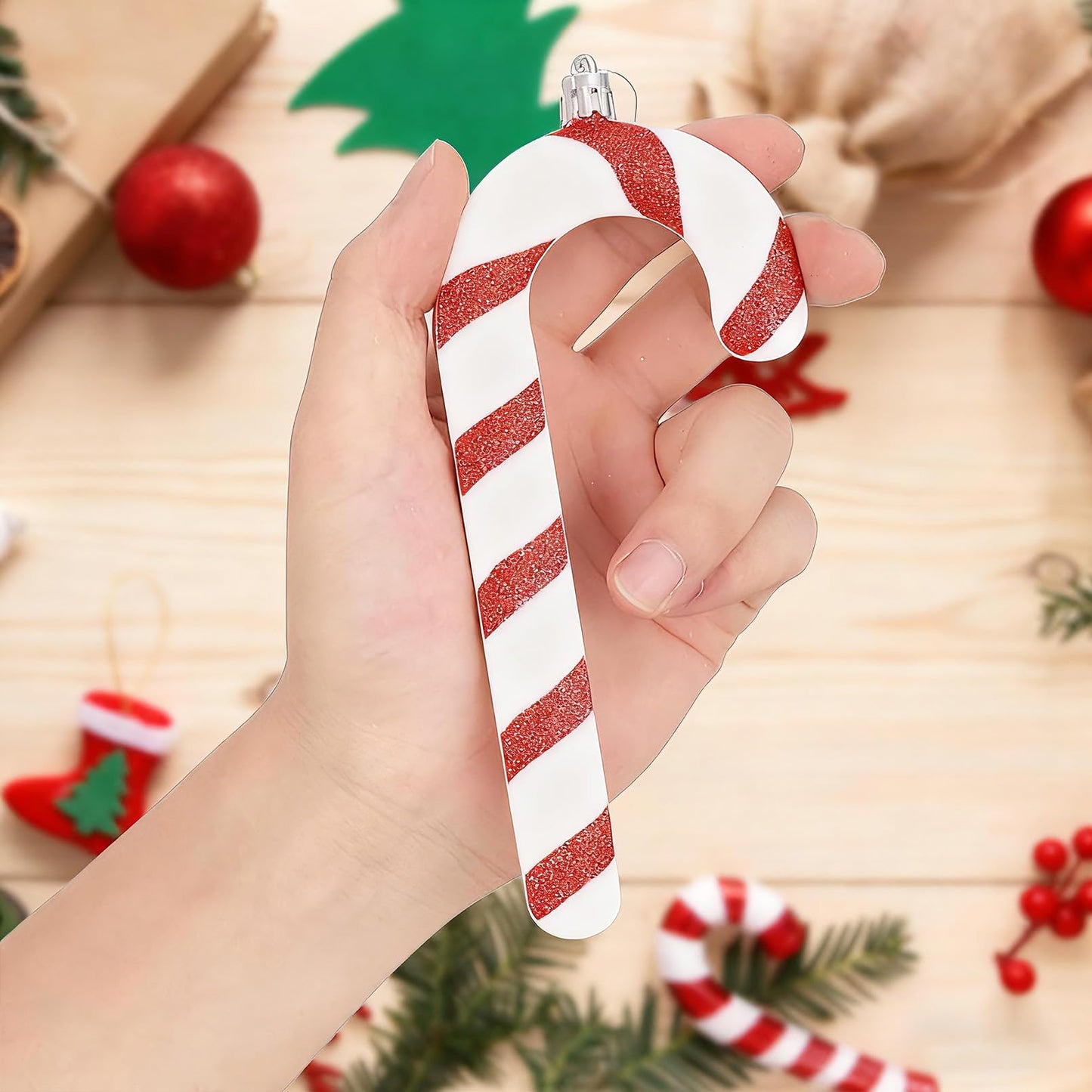 10ct Red and White Christmas Tree Ornaments, Shatterproof Plastic Candy Cane & Lollipop Xmas Decorations for Family, Kids, Candyland Themed Party Supplies