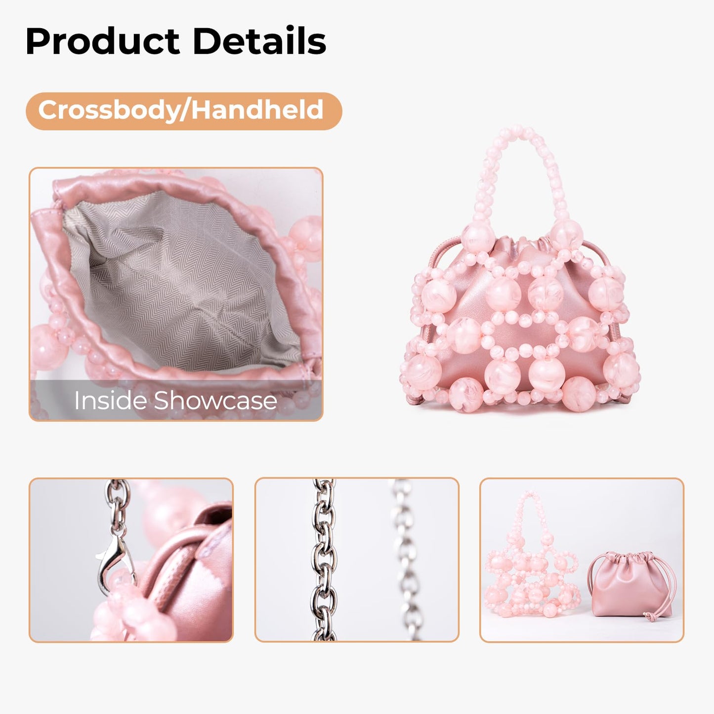frrbuu Pink Beaded Handbag, Drawstring Closure with Beaded Handle, Detachable Silver Chain Strap, Mini Crossbody Bag