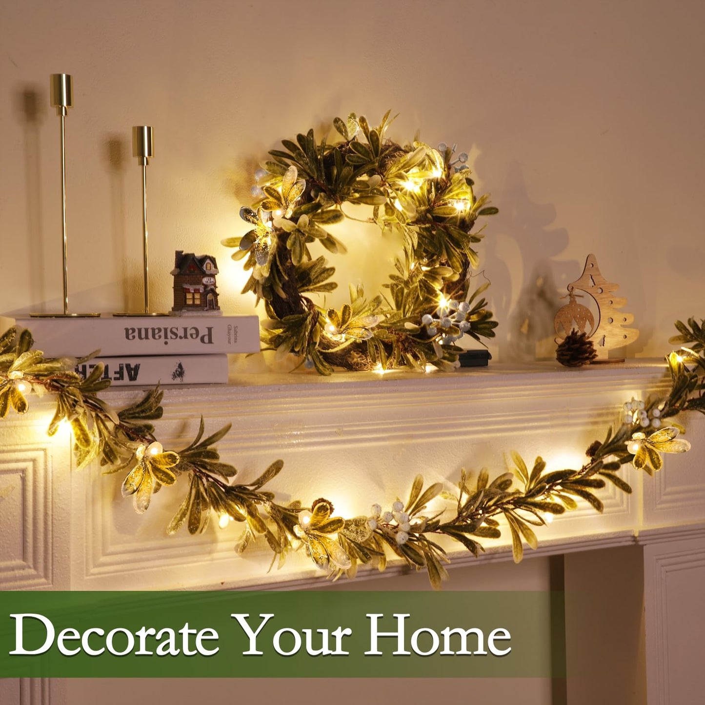 6 FT Mistletoe Lighted Christmas Garland, Prelit Flocked Cedar Garland with Lights Mistletoe Leaves White Berry Pinecorn Warm White Lights Timer, Mantel Party Table Fireplace Home Xmas Decor