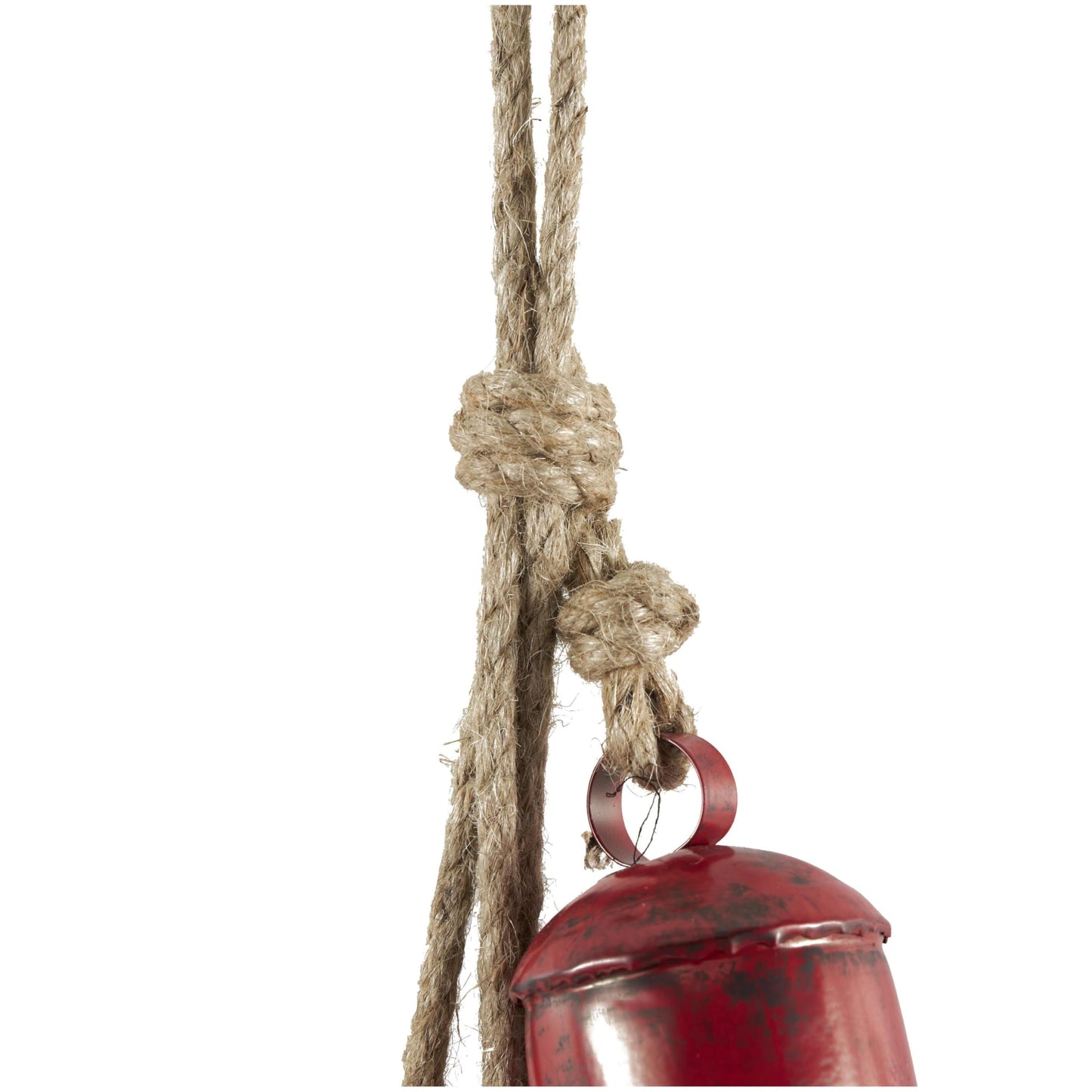 Deco 79 Metal Indoor Outdoor Decorative Cow Bells Tibetan Inspired Cascading Meditation Bell with 4 Bells on Jute Hanging Rope, Cow Bell 3" x 3" x 27", Red