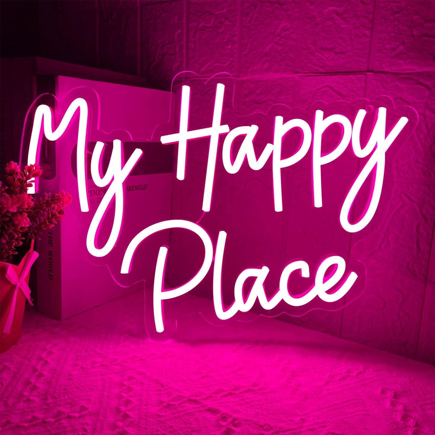My Happy Place Neon Sign, Dimmable Pink LED Neon Light for Wall Decor, USB Powered My Happy Place Signs, Words Neon Lights for Girls Bedroom Birthday Party Wedding Christmas Halloween Aesthetic