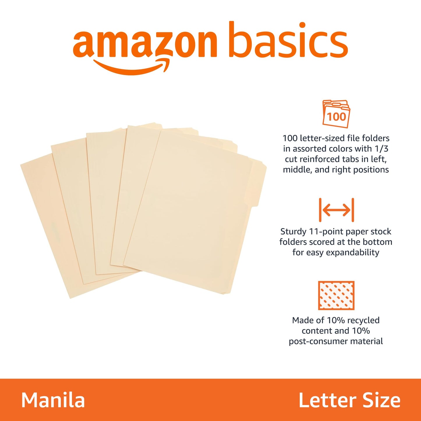 Amazon Basics Sturdy File Folders with Reinforced Tabs for Filing and Organization, 1/3-Cut Tab, Assorted Positions, Letter Size, 8.5x11 inches, Manila, 100-Pack