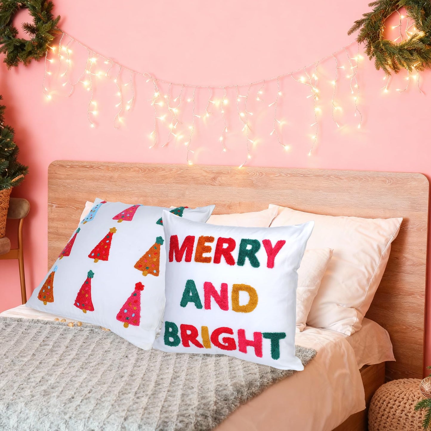 Remagr 2 Pcs Merry and Bright Christmas Tree Pillow Covers Pink Embroidered 18 x 18 Inches 3D Pillow Covers Decorative for Winter Xmas Home Bedroom Sofa Decor