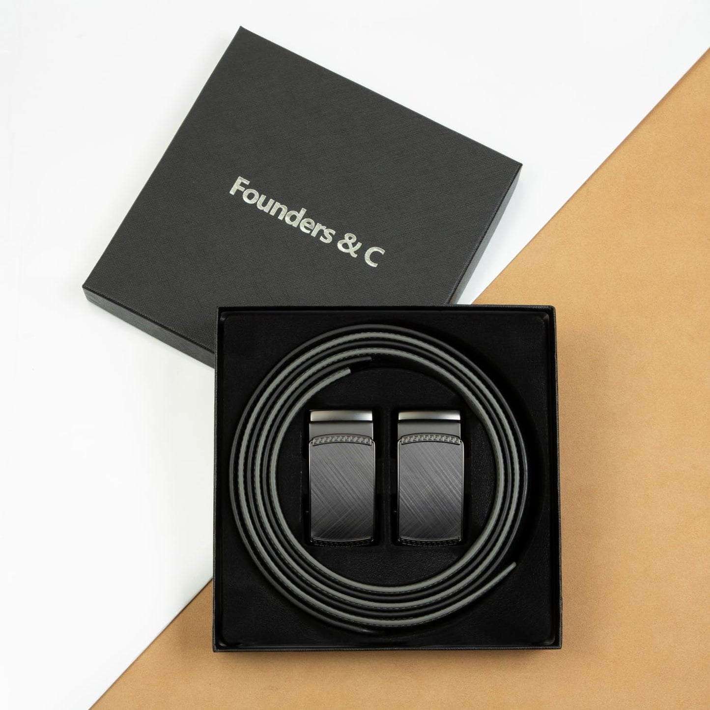 Founders & C Mens Belt 2 Pack,Leather Ratchet Click Belt Dress with Slide Buckle 1 3/8" in Gift Set Box- Size Adjustable (Black/Grey Golf Belt, 28"-42" Waist Adjustable)