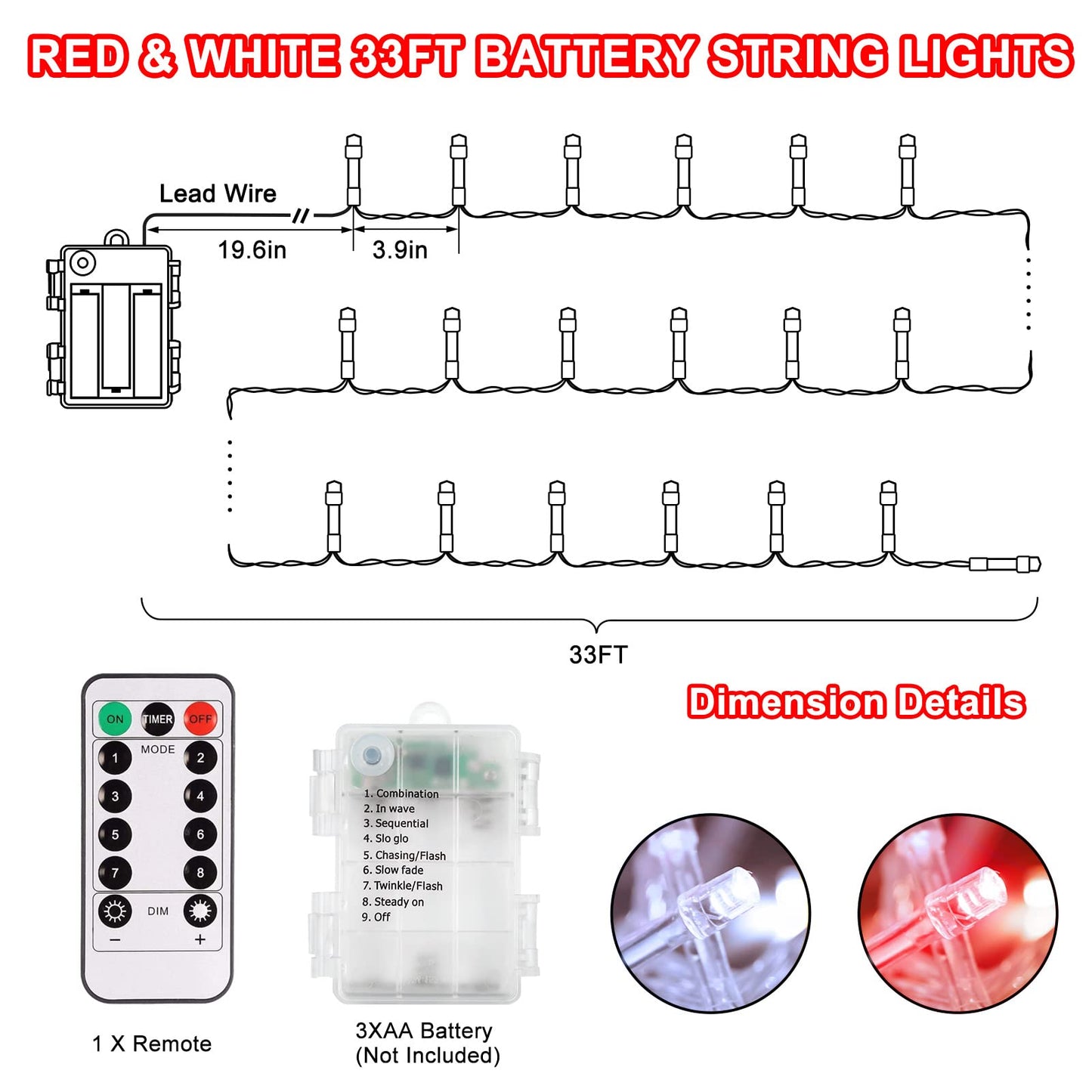 DBFAIRY 2PACK Red White Battery Christmas String Lights 32.8Ft 100LEDs, Battery Operated Wreath String Lights 8 Modes with Remote Timer Christmas Decoration for Tree Patio Garden Yard