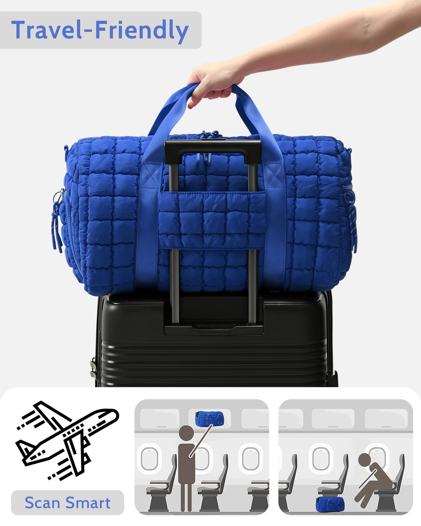 Quilted Duffel Travel Bag for Women, Puffer Gym Duffle Bag with Shoe Compartment Lightweight Large Crossbody Sport Bag Tote Blue