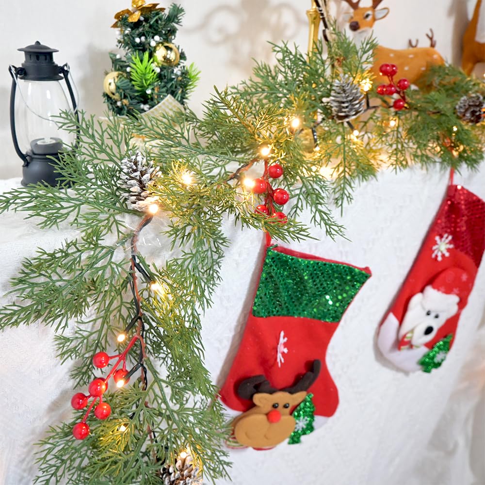 Christmas Garland Lights 6.56FT 40 LED Battery Operated Lighted Garlands with Timer Red Berry Pinecone Cypress Pine Garlands Wreath Christmas Decor for Mantel Stairs Porch Indoor Outdoor Home Decor