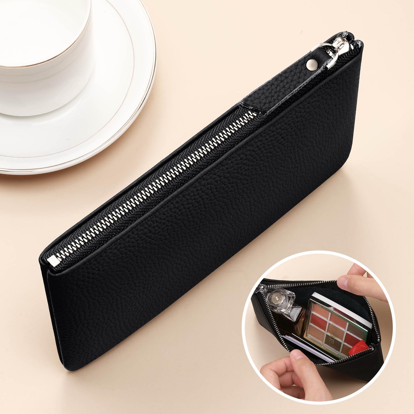 Genuine Leather Zipper Purse, Travel Makeup Bag With Zipper for Men Women Coin Bag Lipstick Cosmetic Accessories Organizer, Travel Kit Storage Pouch (Black)