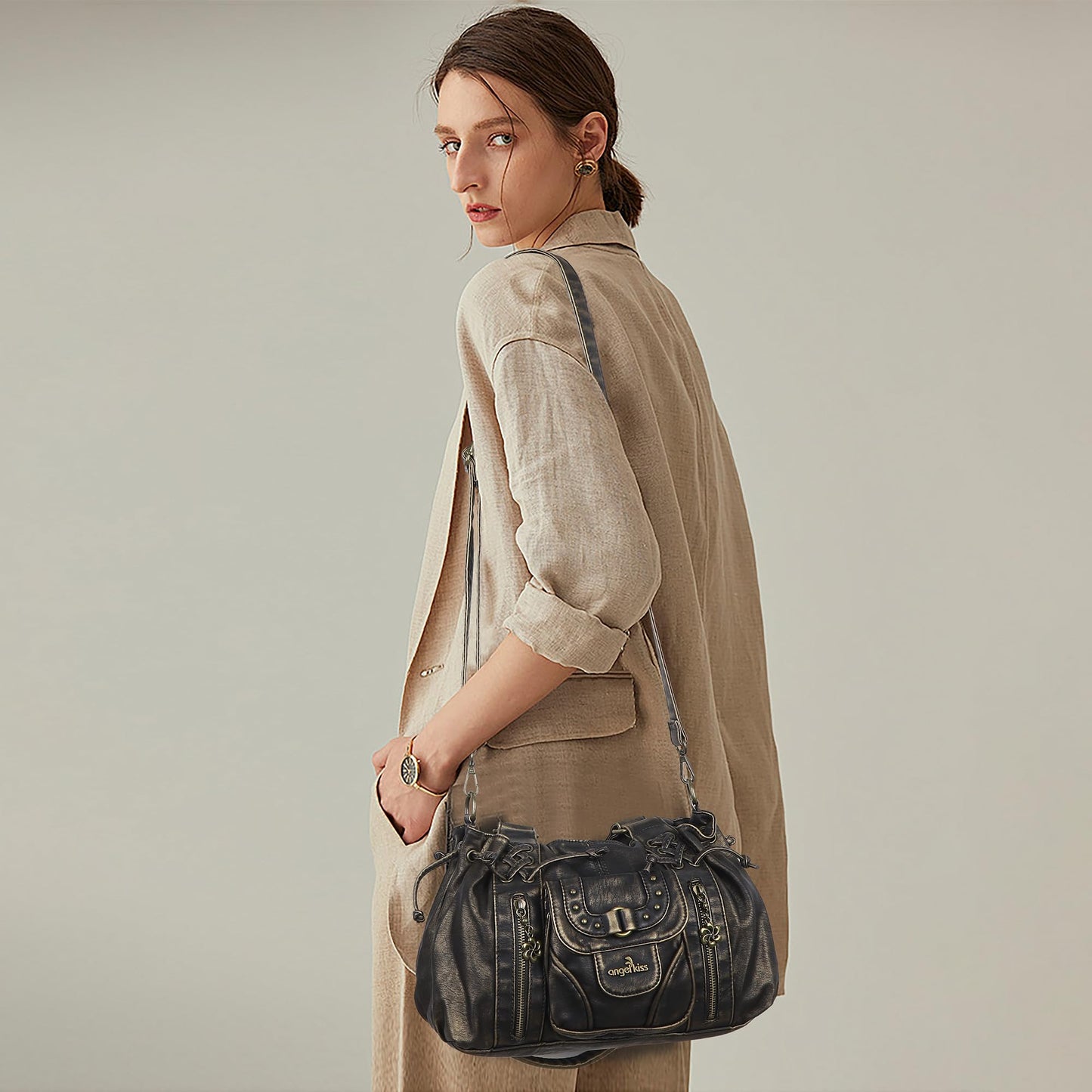 Angel Kiss Small hobo Bags for Women Retro Washed Leather Shoulder Handbag Roomy Top Handles Purses With Removable Strap
