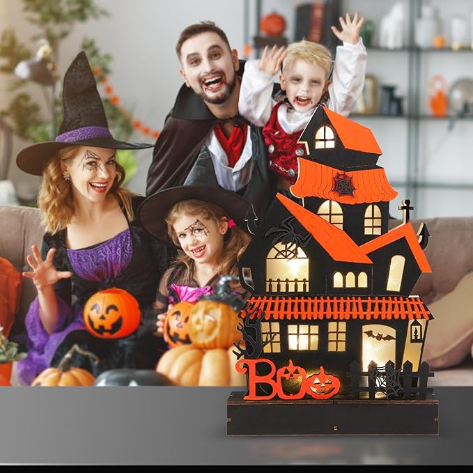 Halloween Decorations Indoor Haunted House Lights, Wooden Tabletop Decoration for Home, Battery Operated Light Up Halloween Decor for Desk Table Fireplace Room Party Decor