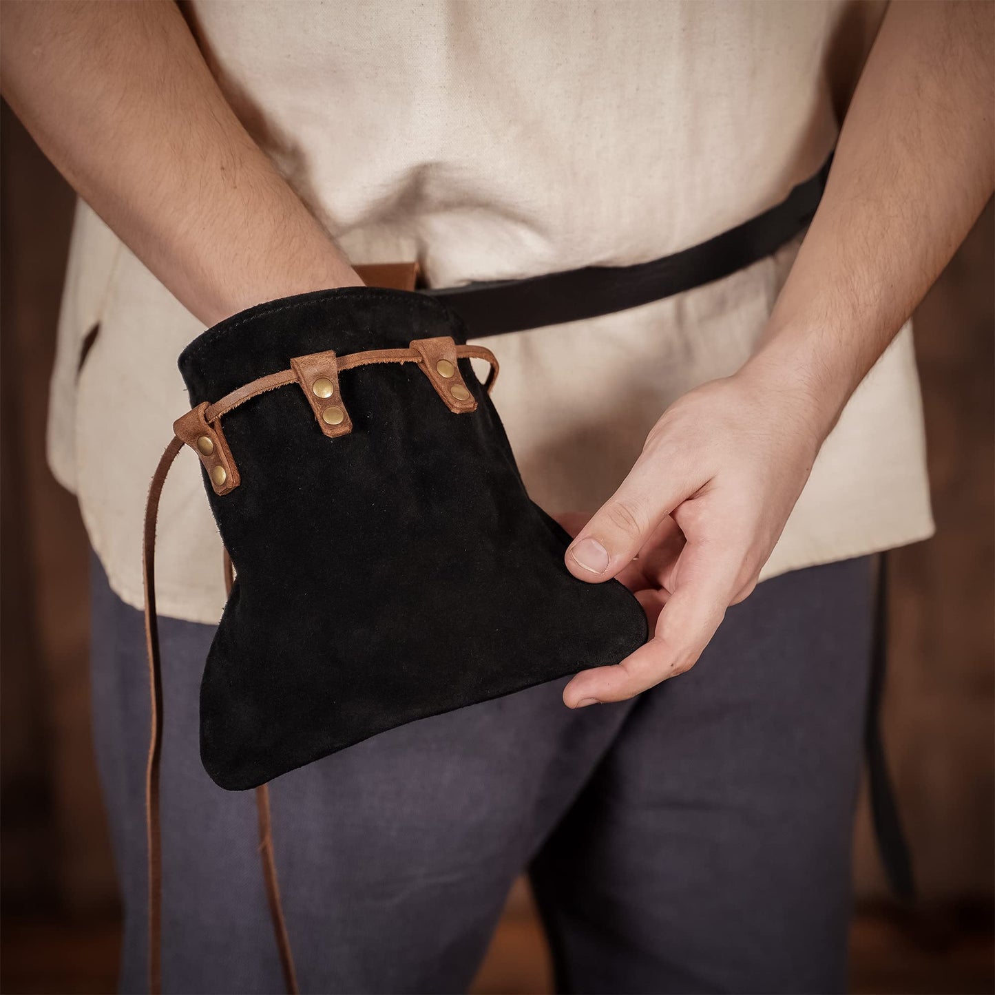 Lord of Battles Medieval Drawstring Bag Viking Style Renaissance Costume Leather Purse Coin Pouch Waist Bag for LARP, Renfaire, Cosplay, Reenactment (Suede Leather Pouch, Black)