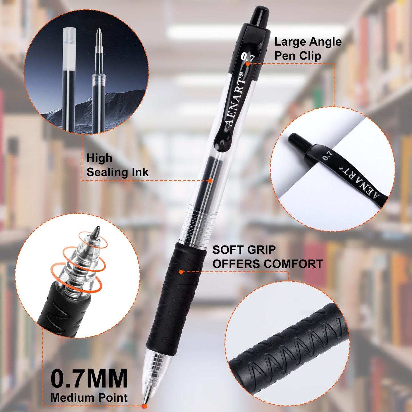 Aen Art Gel Pens Black 0.7mm Fine Point 30 Retractable Gel Ink Pens with Rubber Grip - Quick Dry Roller Pen for Writing, Office, School