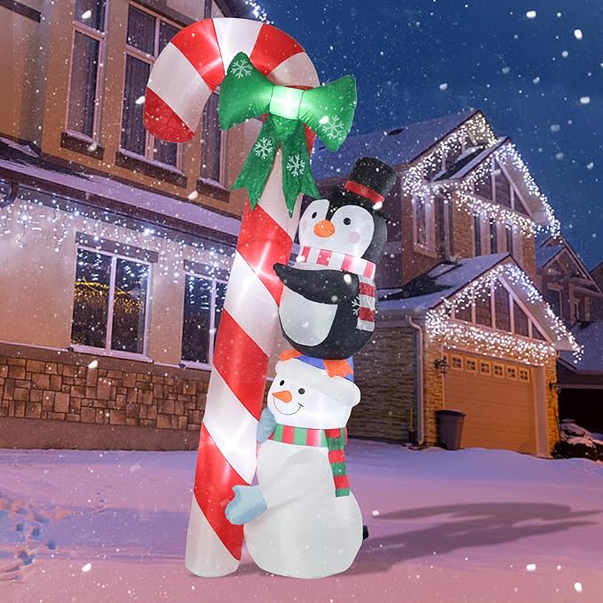 MUMTOP 8.6 Ft Tall Christmas Inflatables Outdoor Decorations, Inflatables Candy Cane with Snowman Penguin Christmas Blow up Yard Decorations Built-in LED Lights for Outdoor Party Holiday Decor