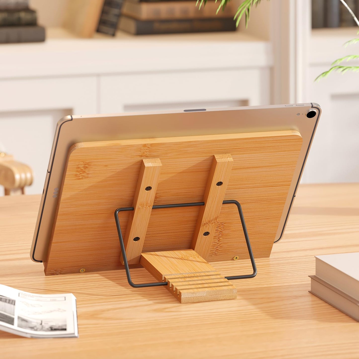 Bamboo Book Stand, Adjustable Reading Holder with Page Clips, Portable Lightweight Desk Stand for Textbooks, Cookbooks (Small)