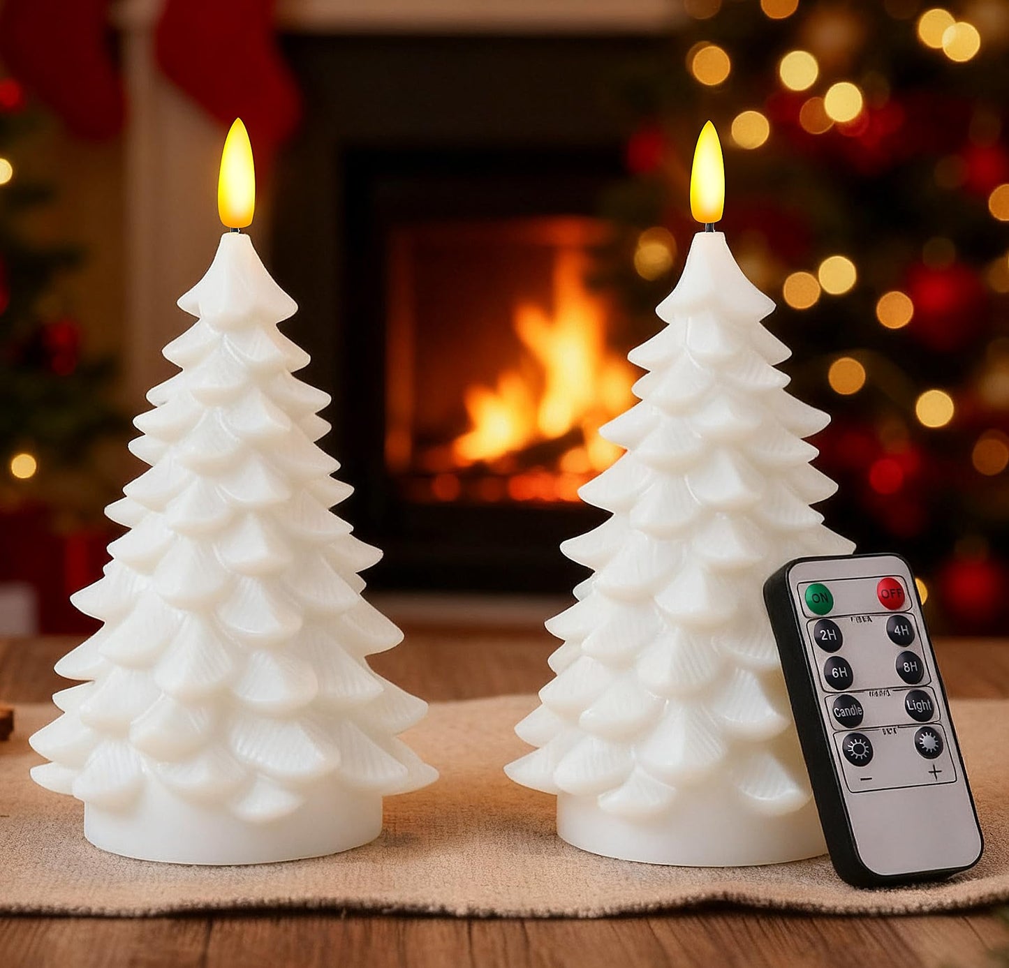 Aurelema 2 Pack 8" Large Christmas Tree Flameless Candle with Remote Timer, Large Real Wax Battery Operated Pillar Candle, 3D Wick LED Flickering Candles for Xmas Party Home Dinner Decor(White)