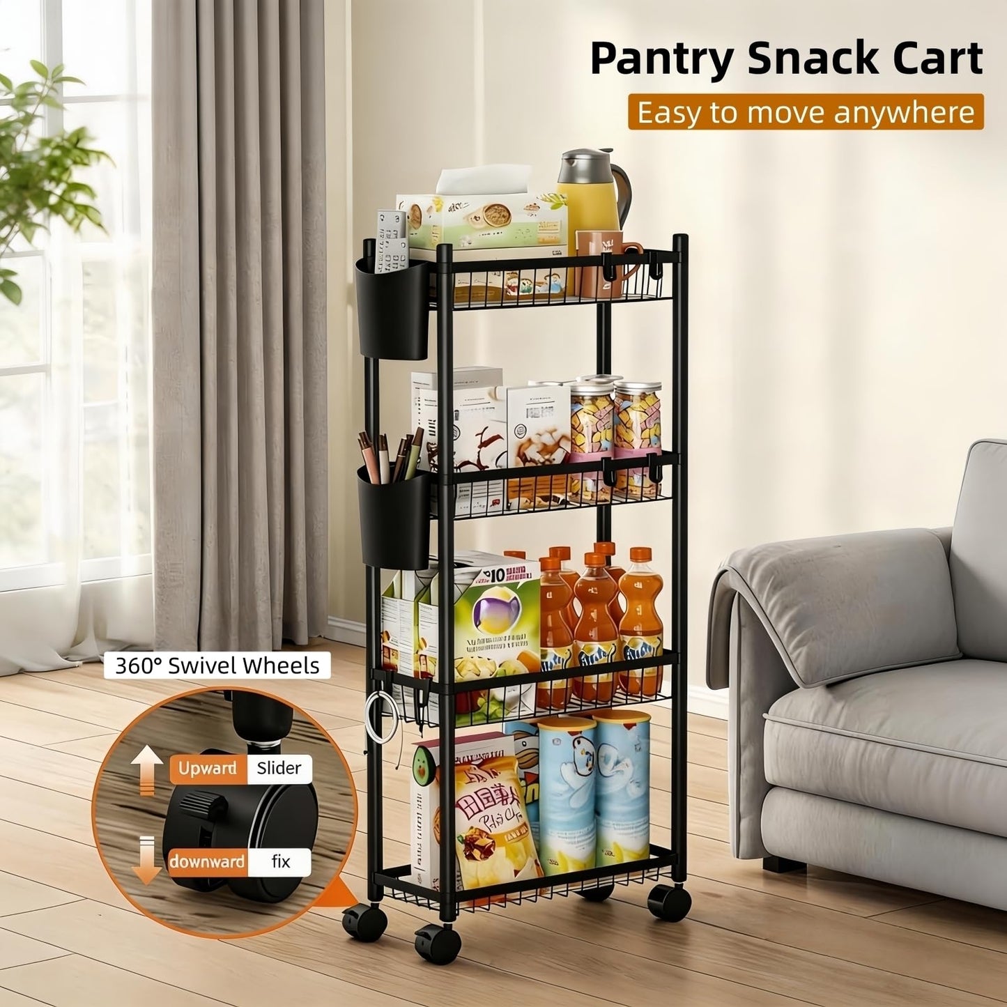 Slim Rolling Storage Cart, 4 Tier Narrow Utility Cart with Wheels, Skinny Metal Mobile Shelf Unit Organizer for Bathroom Kitchen Laundry Room Pantry Office Small Spaces, Black