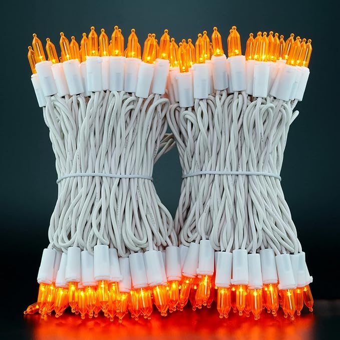 YULETIME 200 Orange LED Christmas Lights with White Wire, Pack of 2 Strands 33 Feet 100 Lights UL Certified Holiday String Light Set