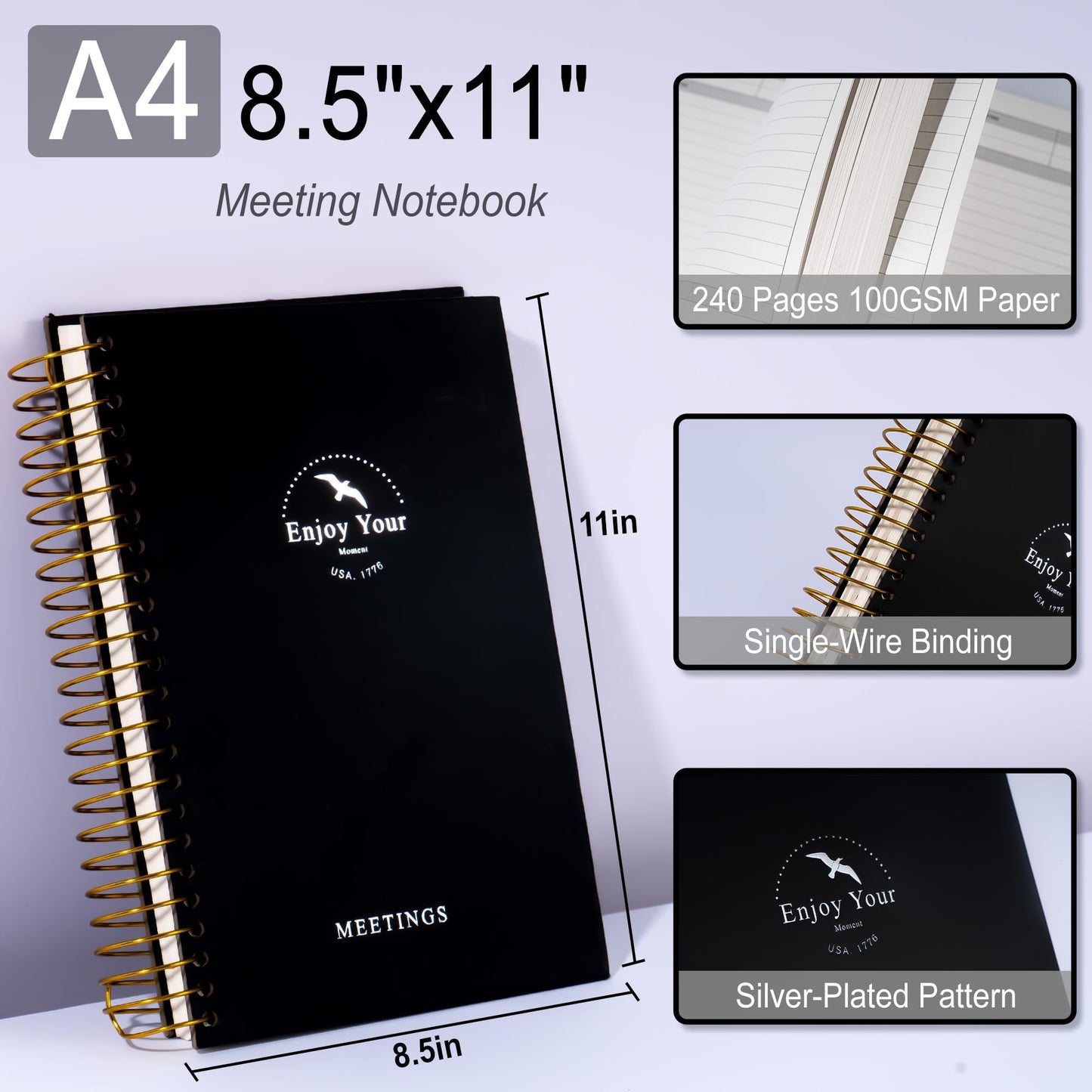 FLYING EGALE Meeting Notebook,8.5"x11" Professional Notebooks for Work - 240 Pages, A4 Size Project Planner, Spiral Meeting Agenda Organizer for Women Men, Large journal for Note Taking, Black