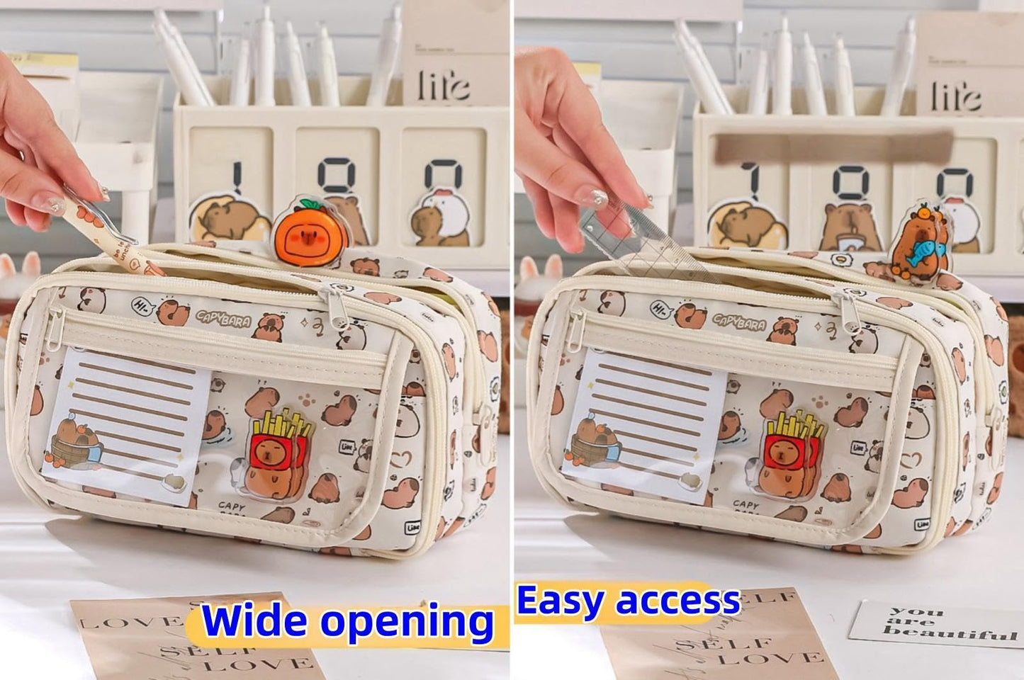 VTYFRY Cute Kawaii Pencil Case Pouch Cartoon Pen Box Holder Organizer for Office Workspace Supplies Desk Accessories Travel Essentials Aesthetic Trendy Cool Stuff Gift Large Capacity (Purple Kapibala)