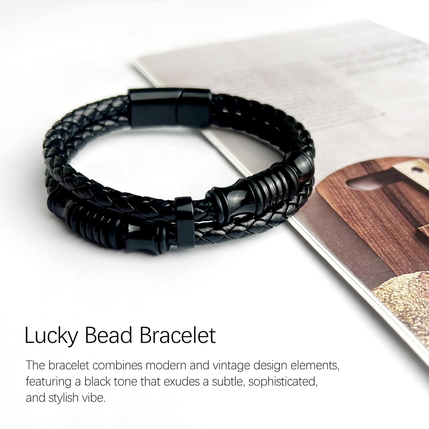 Tienyuu Men’s Double-Row Braided Leather Bracelet with Stainless Steel Ornaments – Black Leather Wristband Bangle