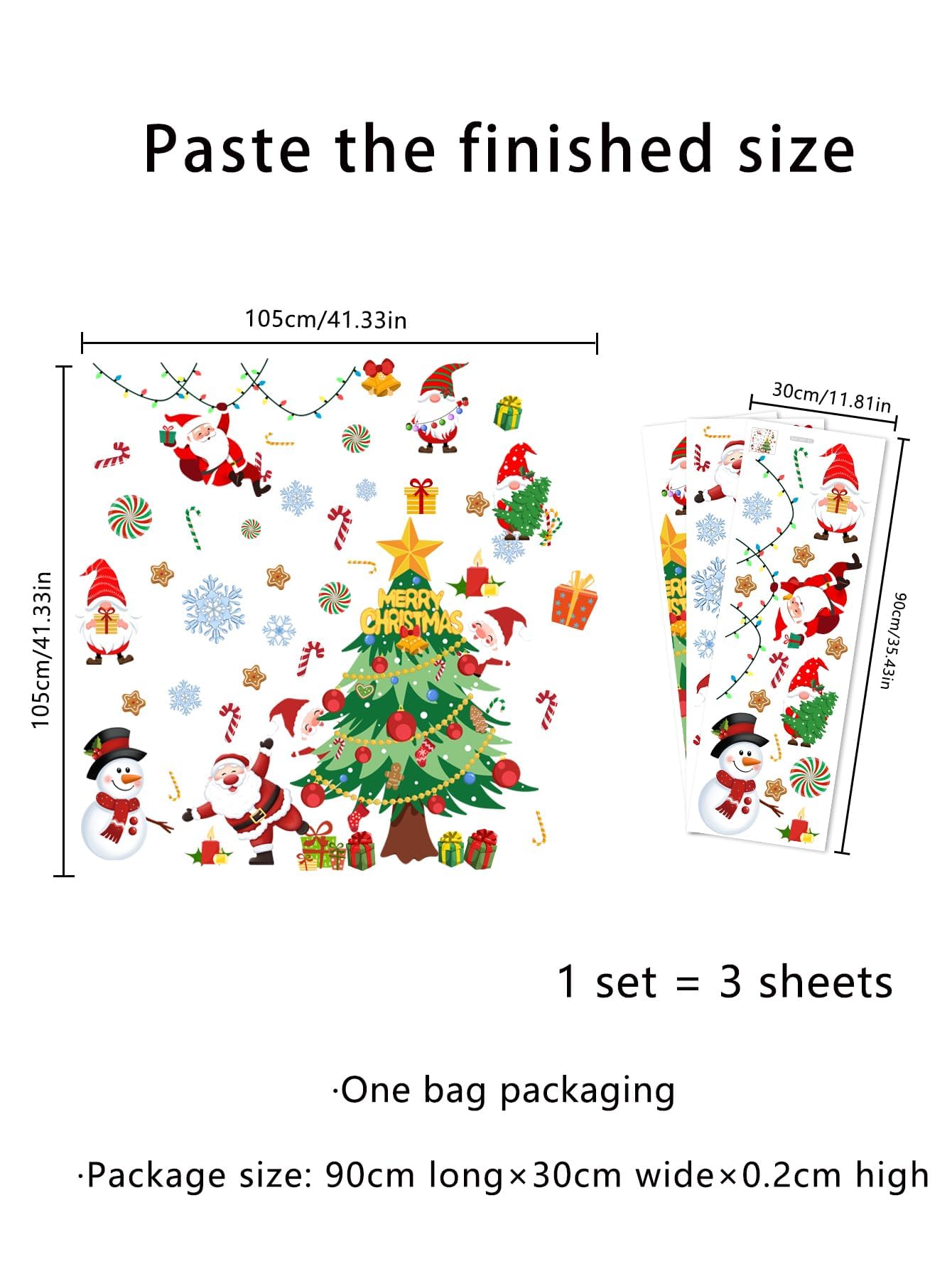 41.33 x 41.33 Inch Christmas Tree Wall Decal Christmas Santa Claus Snowmen Wall Stickers Removable Xmas Wall Decor for Christmas Holiday Party Supplies Home Window Decor