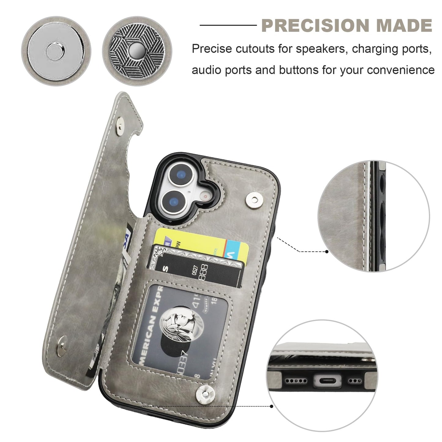 ONETOP Compatible with iPhone 17 Wallet Case with Card Holder, PU Leather Kickstand Card Slots Case, Double Magnetic Clasp and Durable Shockproof Cover 6.3 Inch (Gray)