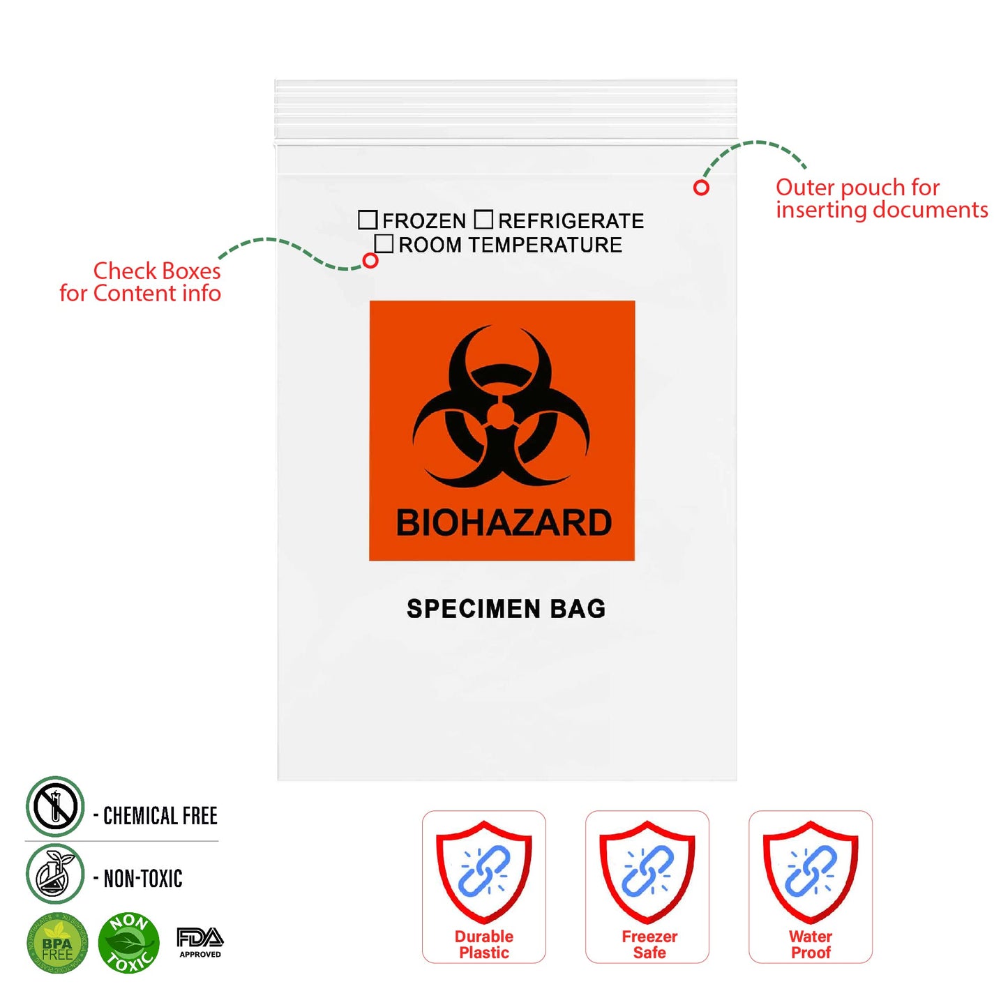 GPI - 6" X 9" 100 Pack, Biohazard Specimen Zip Bags, With Pouch, 2 Mil Thick, For Your Laboratory Or Health Care Facility Samples.