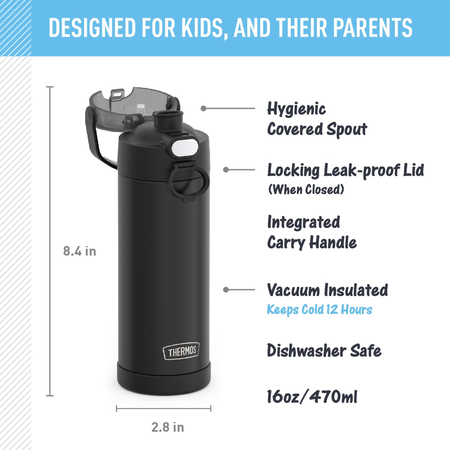 THERMOS FUNTAINER 16 Ounce Stainless Steel Vacuum Insulated Bottle with Wide Spout Lid, Black Matte